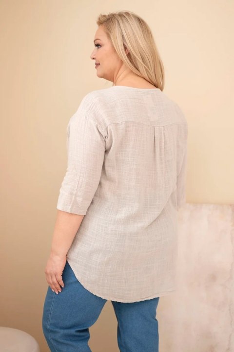 Bluzka damska bawełniana Plus Size z dekoltem na guziki beżowa