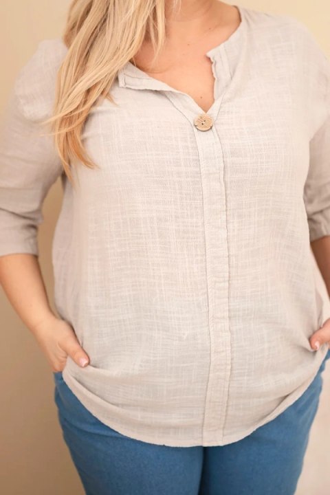 Bluzka damska bawełniana Plus Size z dekoltem na guziki beżowa