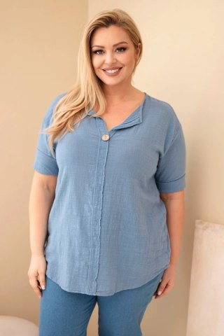 Bluzka damska bawełniana Plus Size z dekoltem na guziki jeansowa
