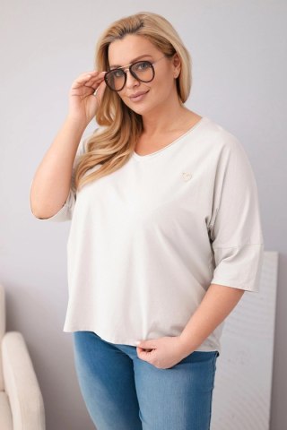 Bluzka damska bawełniana oversize Plus Size z dekoltem V beżowa