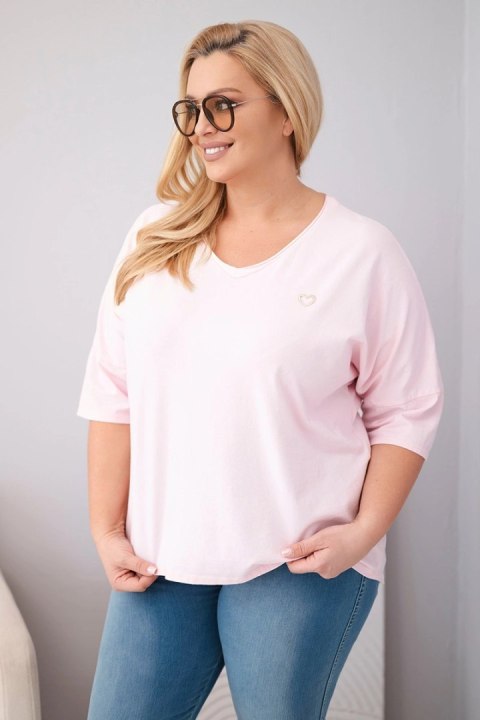 Bluzka damska bawełniana oversize Plus Size z dekoltem V cukierkowy róż