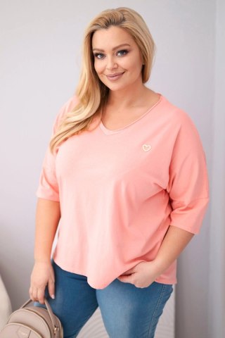 Bluzka damska bawełniana oversize Plus Size z dekoltem V morelowa