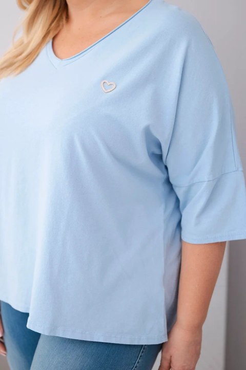 Bluzka damska bawełniana oversize Plus Size z dekoltem V niebieska