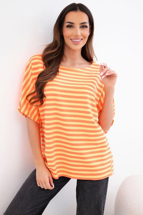 Bluzka damska bawełniana w paski z krótkim rękawem pomarańczowa