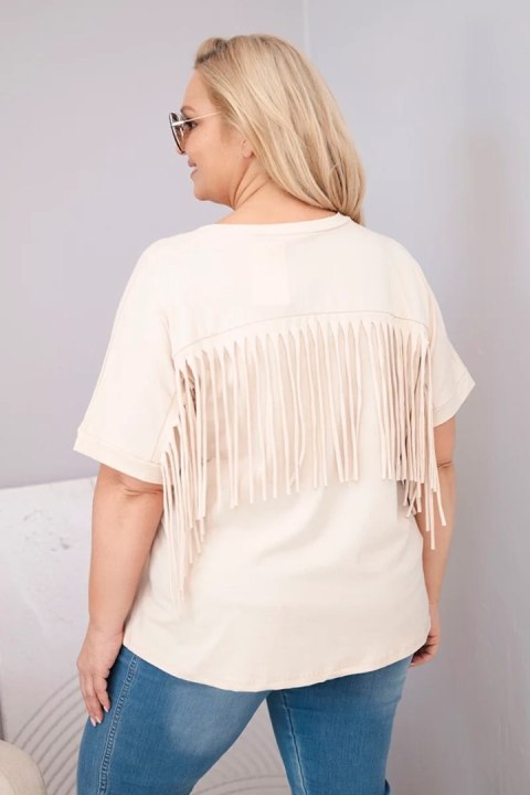 Bluzka damska bawełniana z dekoltem V i frędzlami na plecach beżowa
