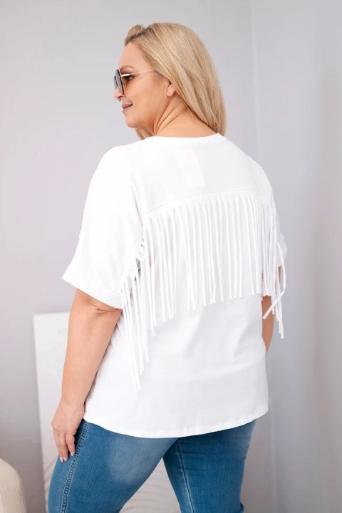 Bluzka damska bawełniana z dekoltem V i frędzlami na plecach biała