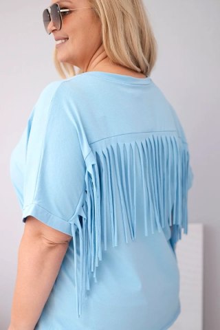 Bluzka damska bawełniana z dekoltem V i frędzlami na plecach niebieska