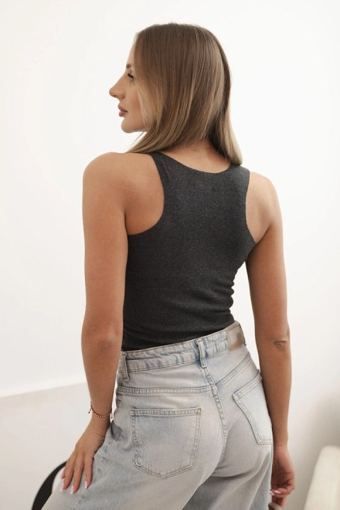 Bluzka damska prążkowana na ramiączkach z ozdobną naszywką grafitowy melanż