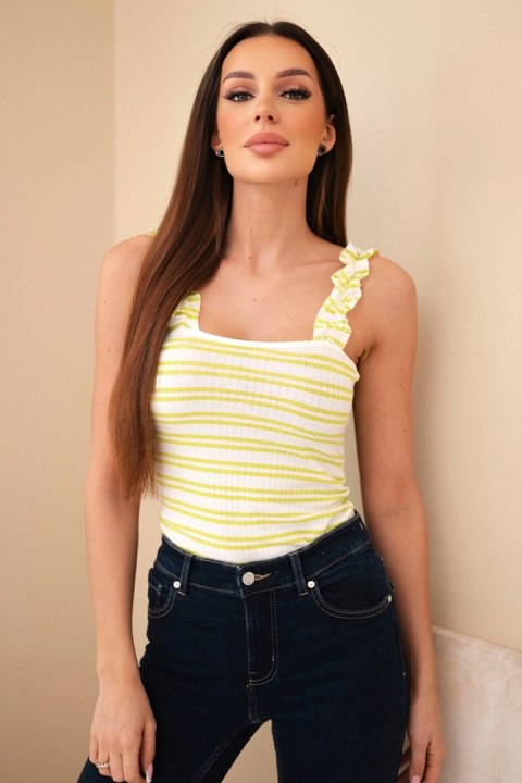 Bluzka damska prążkowana w paski na ramiączkach z falbanką zielona