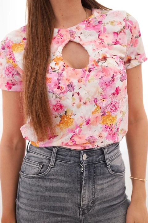 Bluzka damska wiskozowa prążkowana z kwiatowym nadrukiem jasno różowa