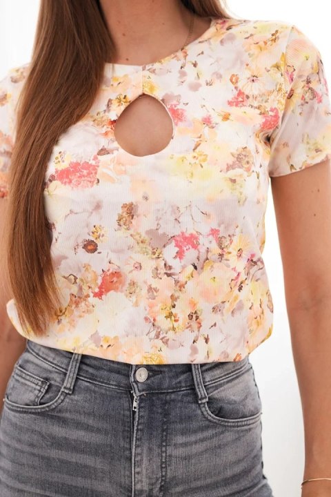 Bluzka damska wiskozowa prążkowana z kwiatowym nadrukiem żółta