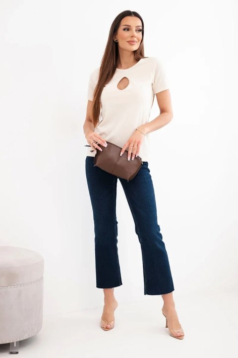 Bluzka damska wiskozowa prążkowana z ozdobnym wycięciem przy dekolcie beżowa