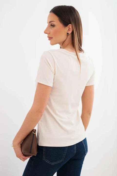 Bluzka damska wiskozowa prążkowana z ozdobnym wycięciem przy dekolcie beżowa