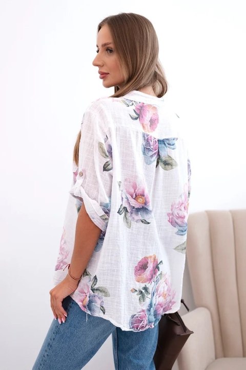 Bluzka damska z bawełny z kwiatowym wzorem biała