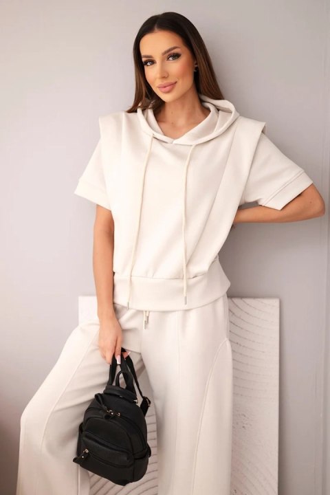 Komplet damski masełkowy bluza z kapturem i luźne spodnie z wiązaniem beżowy