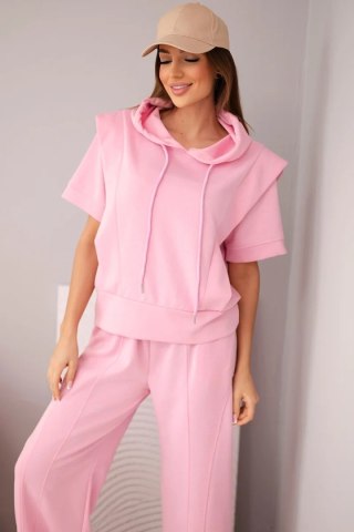 Komplet damski masełkowy bluza z kapturem i luźne spodnie z wiązaniem cukierkowy róż