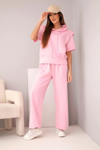 Komplet damski masełkowy bluza z kapturem i luźne spodnie z wiązaniem cukierkowy róż