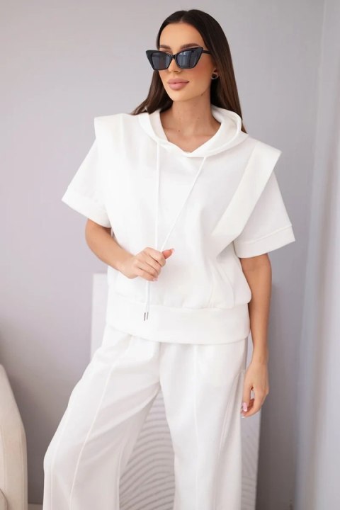 Komplet damski masełkowy bluza z kapturem i luźne spodnie z wiązaniem ecru