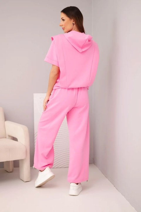Komplet damski masełkowy bluza z kapturem i luźne spodnie z wiązaniem jasny różowy