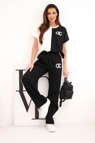 Komplet damski masełkowy z bluzą oversize i szerokimi spodniami ecru + czarny