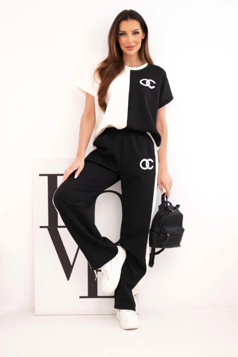 Komplet damski masełkowy z bluzą oversize i szerokimi spodniami ecru + czarny