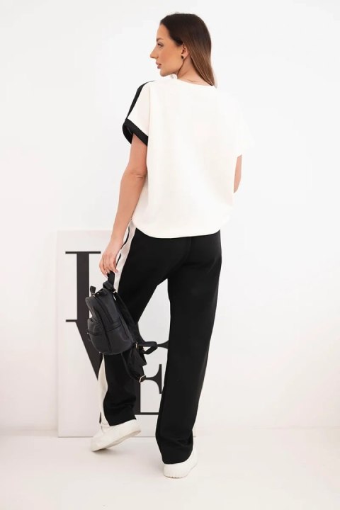 Komplet damski masełkowy z bluzą oversize i szerokimi spodniami ecru + czarny