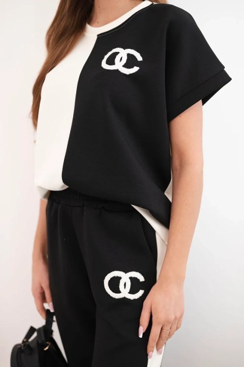 Komplet damski masełkowy z bluzą oversize i szerokimi spodniami ecru + czarny