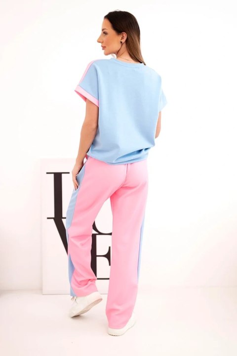Komplet damski masełkowy z bluzą oversize i szerokimi spodniami jasny różowy + niebieski