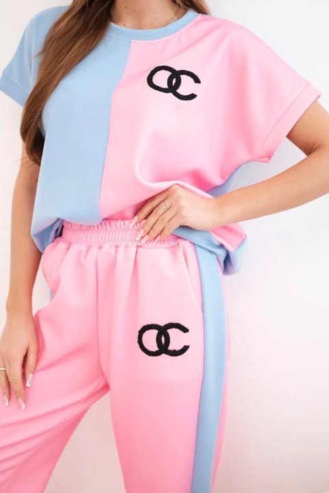 Komplet damski masełkowy z bluzą oversize i szerokimi spodniami jasny różowy + niebieski