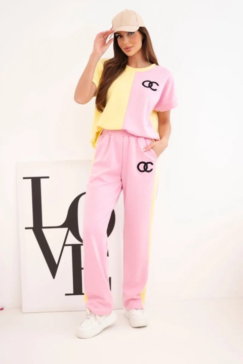 Komplet damski masełkowy z bluzą oversize i szerokimi spodniami jasny różowy + żółty