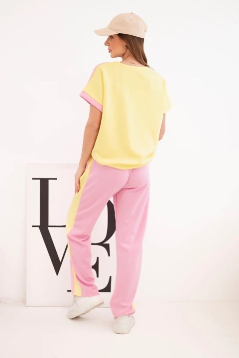 Komplet damski masełkowy z bluzą oversize i szerokimi spodniami jasny różowy + żółty