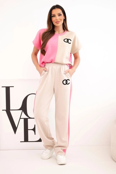 Komplet damski masełkowy z bluzą oversize i szerokimi spodniami różowy + beżowy