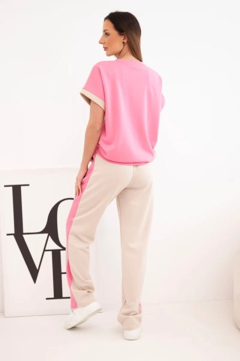 Komplet damski masełkowy z bluzą oversize i szerokimi spodniami różowy + beżowy