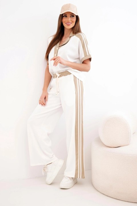 Komplet damski masełkowy z bluzą polo i szerokimi spodniami camelowy