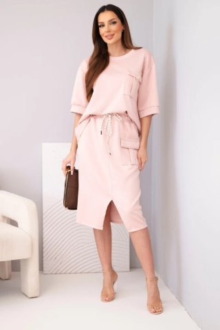 Komplet damski masełkowy z bluzką i spódnicą midi ciemny pudrowy róż