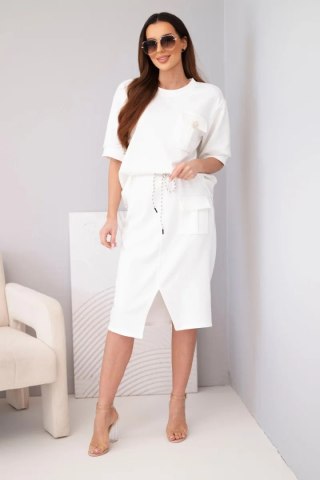 Komplet damski masełkowy z bluzką i spódnicą midi ecru