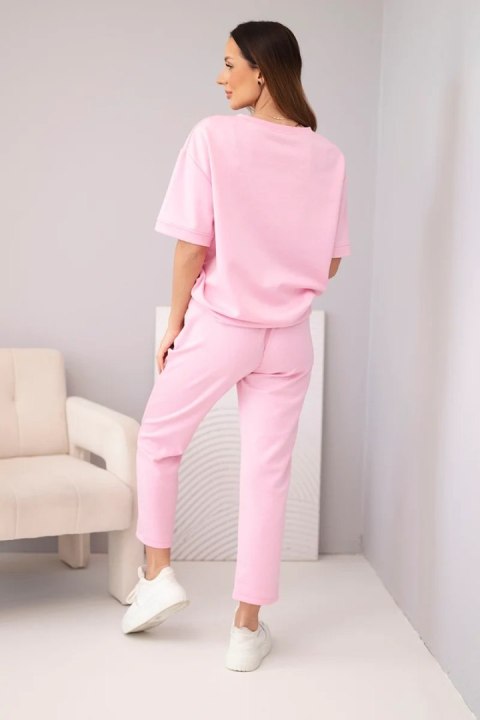 Komplet damski wiskozowy masełko z krótkim rękawem i spodniami z podwijaną nogawką jasny różowy