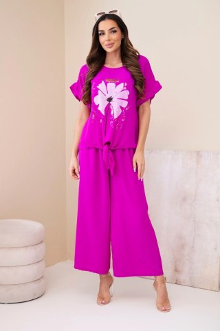 Komplet damski wiskozowy z bluzką z nadrukiem i spodniami ciemny fioletowy