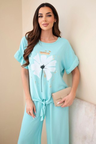 Komplet damski wiskozowy z bluzką z nadrukiem i spodniami miętowy
