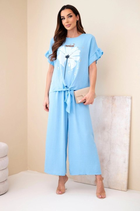 Komplet damski wiskozowy z bluzką z nadrukiem i spodniami niebieski