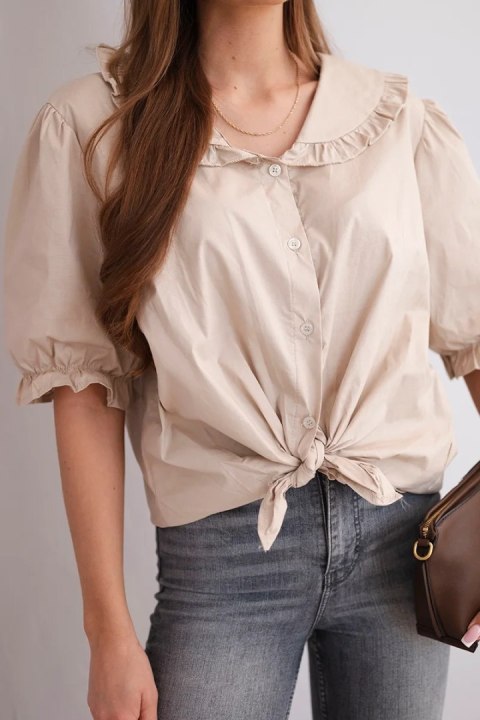 Koszula damska bawełniana z falbanką i wiązaniem beżowa