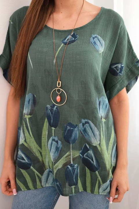 Koszula damska bawełniana z kwiatowym wzorem ciemne khaki