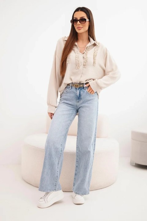 Koszula damska wiskozowa z długim rękawem i falbanami beżowa