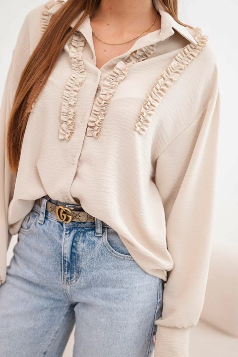 Koszula damska wiskozowa z długim rękawem i falbanami beżowa