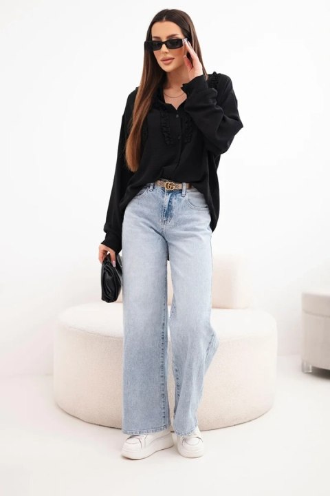 Koszula damska wiskozowa z długim rękawem i falbanami czarna