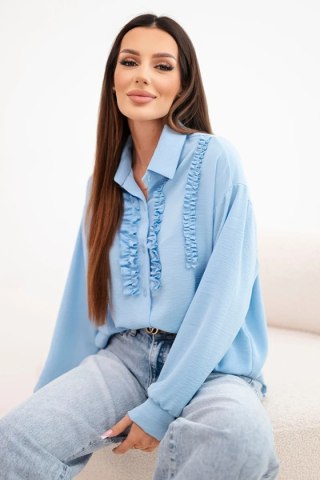 Koszula damska wiskozowa z długim rękawem i falbanami niebieska