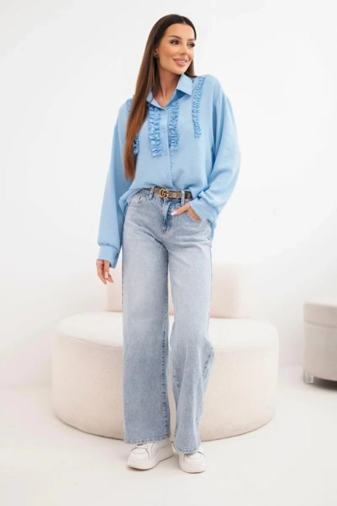 Koszula damska wiskozowa z długim rękawem i falbanami niebieska