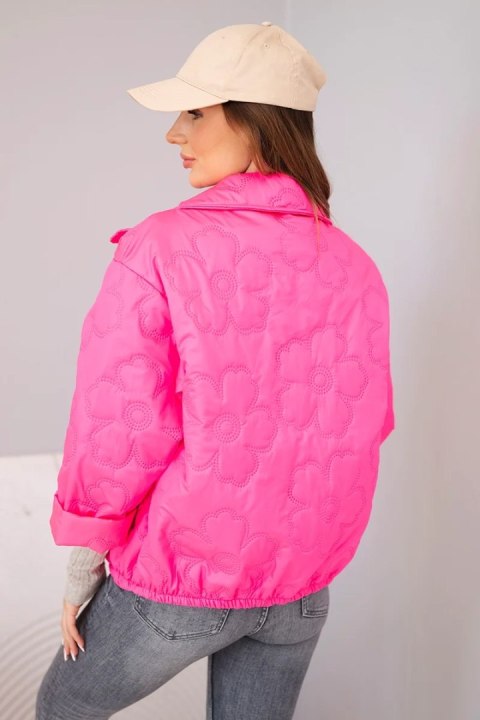 Kurtka damska wiosenna pikowana z kwiatowym wzorem różowy neon