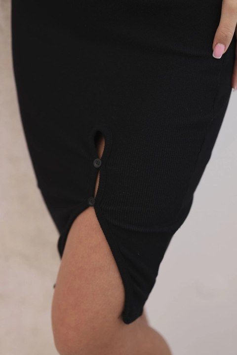 Spódnica damska bawełniana prążkowana z rozcięciem i ozdobnymi guzikami czarna