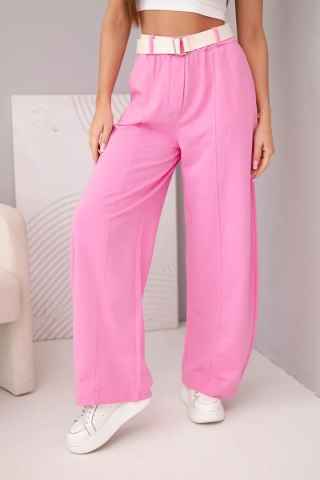 Spodnie damskie bawełniane z szeroką nogawką i paskiem cukierkowy róż